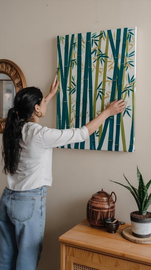 a person painting a bamboo pattern on a wall